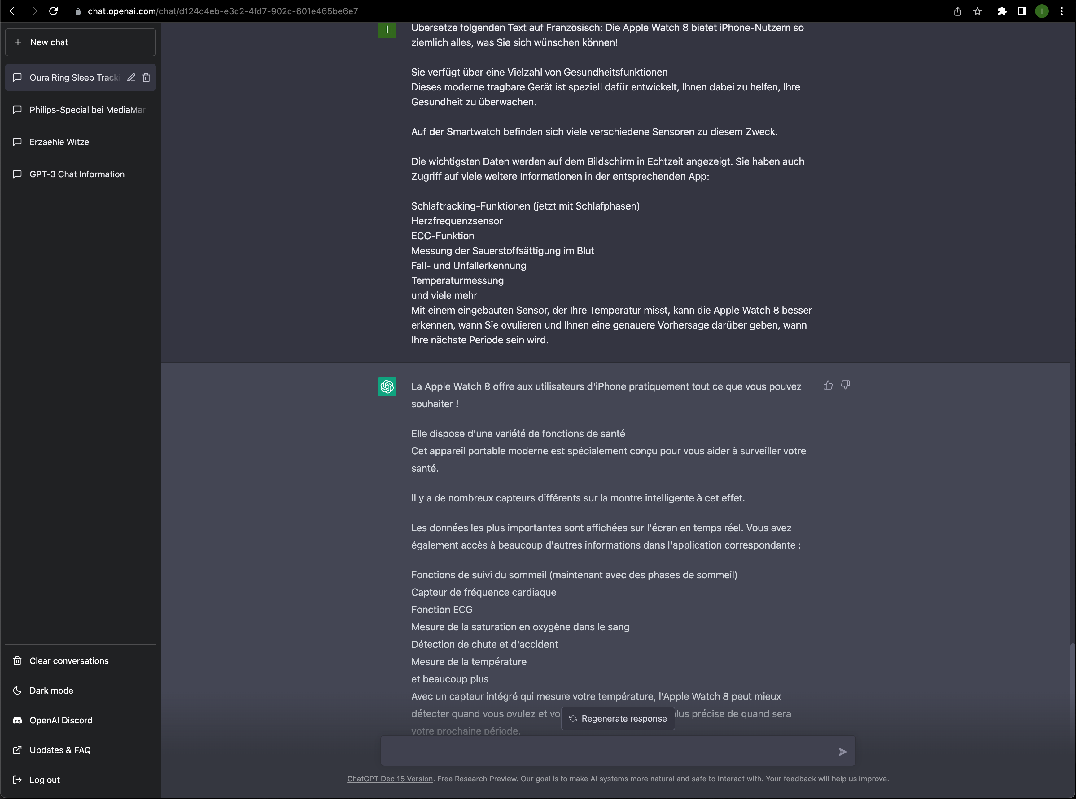 Screenshot von Chat GPT beim Übersetzen Deutsch-Französisch